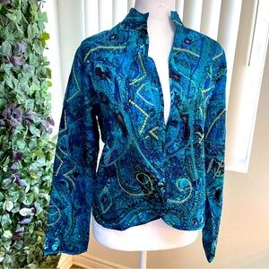 Chico’s Women Silk Embroidered Beaded Blazer Jacket size 0/S Blue